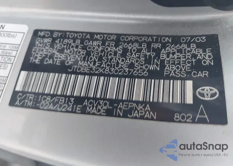 2003 Toyota Camry Le z USA, uszkodzony, nr VIN JTDBE32K830237656